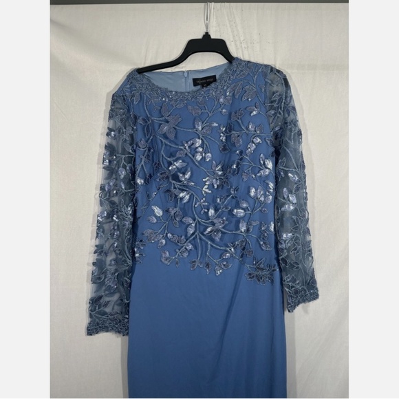 NWD $468 Tadashi Shoji‎ [ 14 ] Sequin Lace Long Sleeve Crepe Gown Cadet Blue - Picture 5 of 16